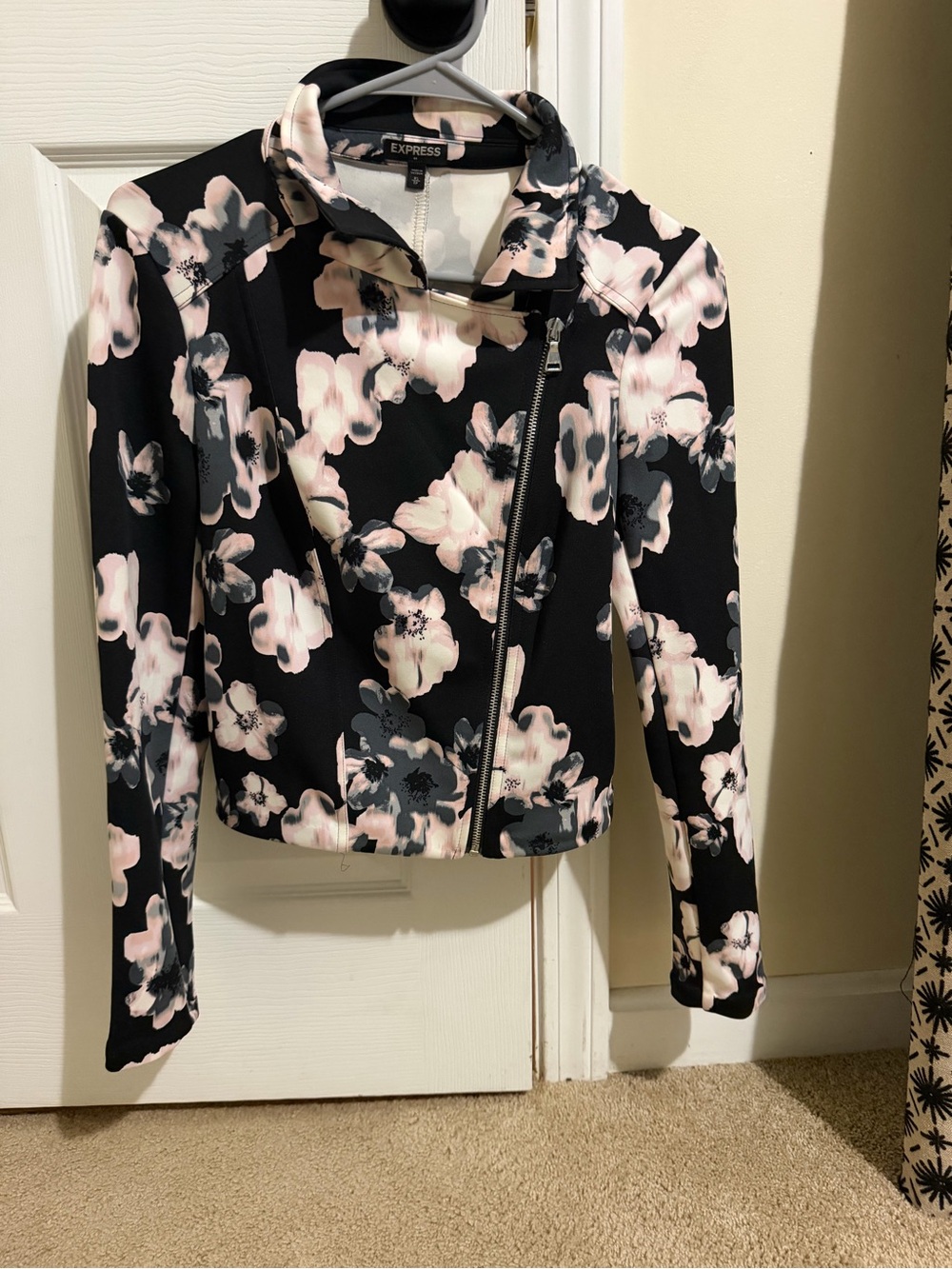Express Women's Black Floral Moto Jacket with Pale Pink and Gray Blooms